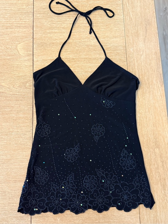 chic Tops - Vintage Y2K Codigo USA Beaded Floral Halter Top Black Whimsygoth Cami Small